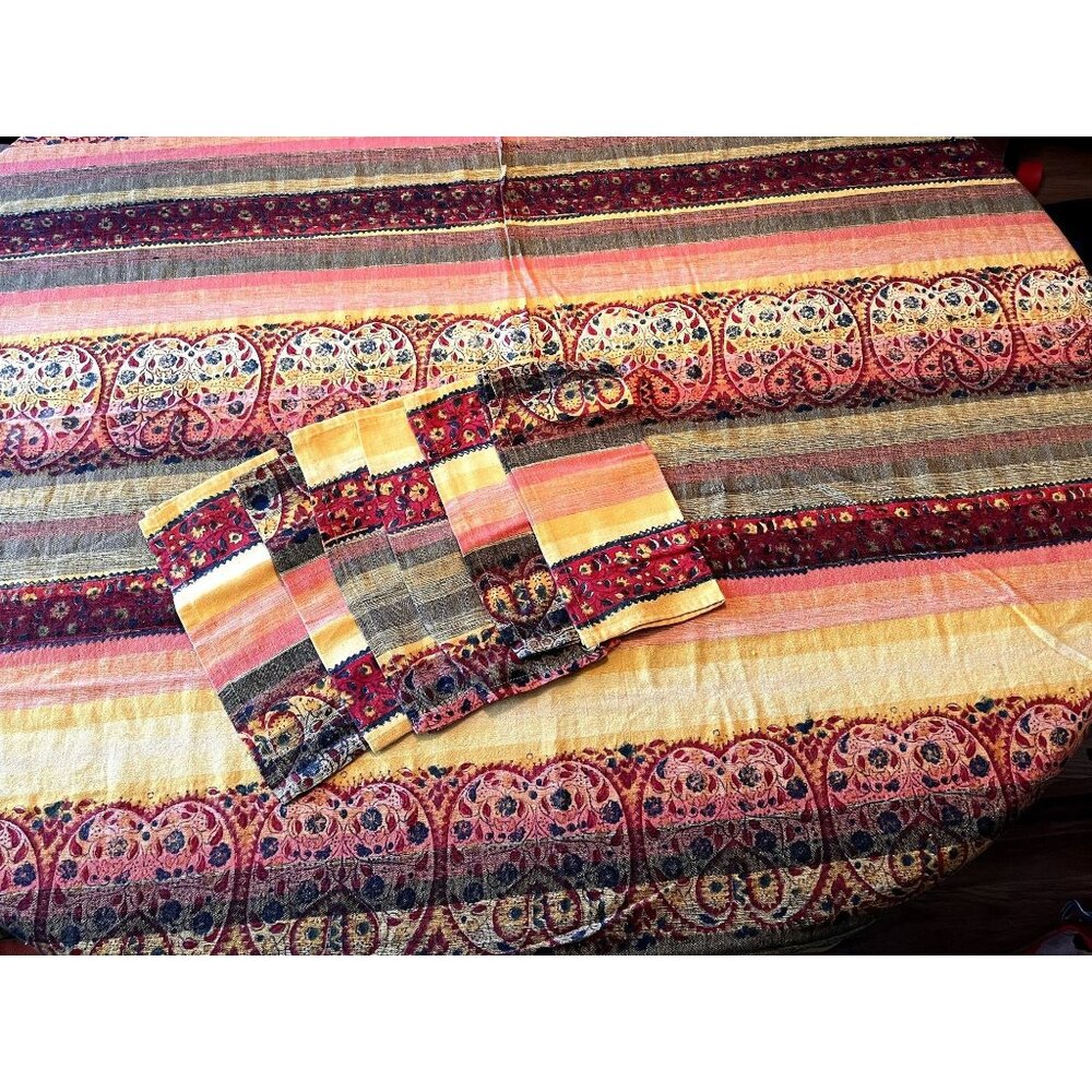 VTG Handmade Linen Tablecloth 6 Napkins 34"x67" Boho Colorful Stripe Pattern